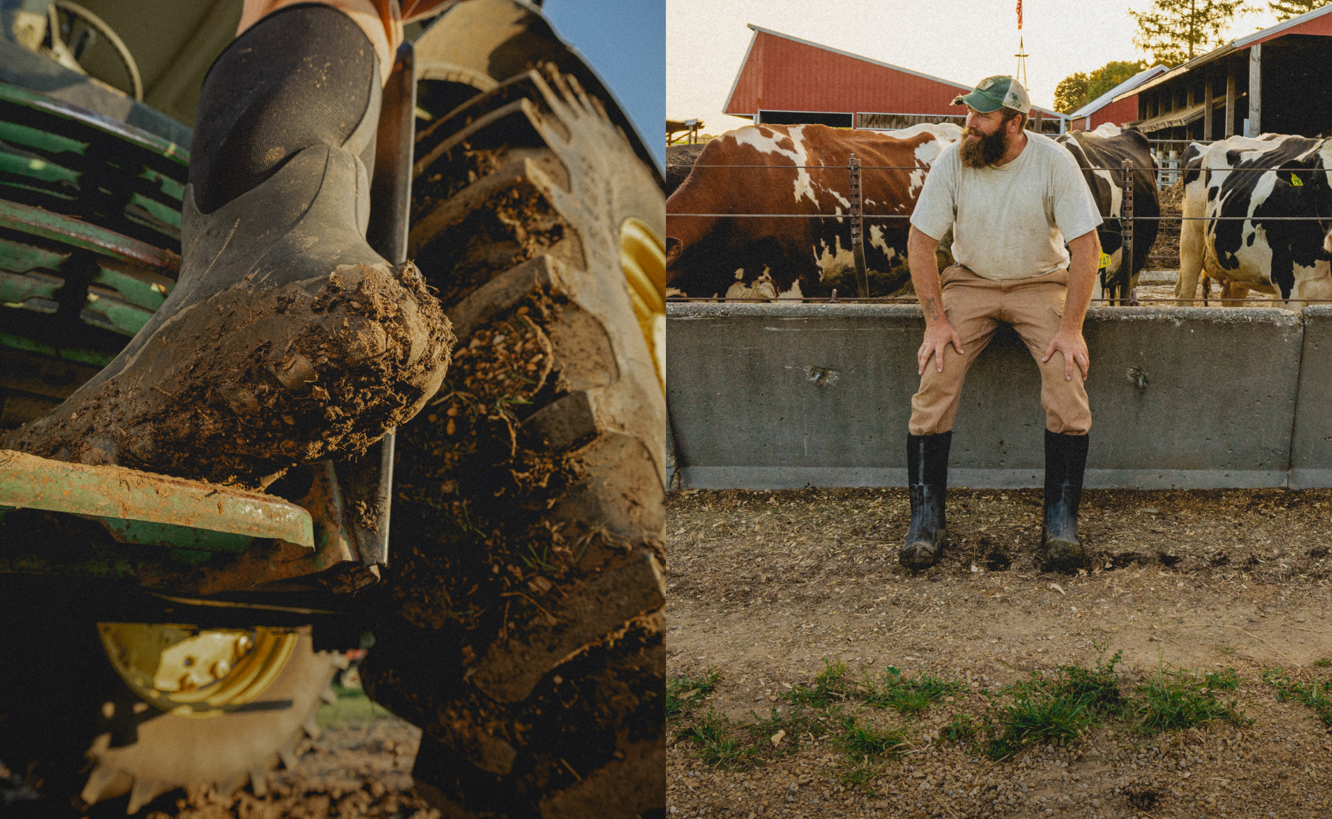 There are two images shown. A closeup image of our Men's Classic Seamless boot tall in mud climbing up into a tractor and also a full body shot of a farmer sitting on a fence with cows & a red barn in the background.