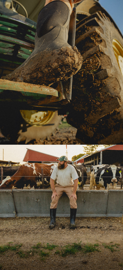 There are two images shown. A closeup image of our Men's Classic Seamless boot tall in mud climbing up into a tractor and also a full body shot of a farmer sitting on a fence with cows & a red barn in the background.