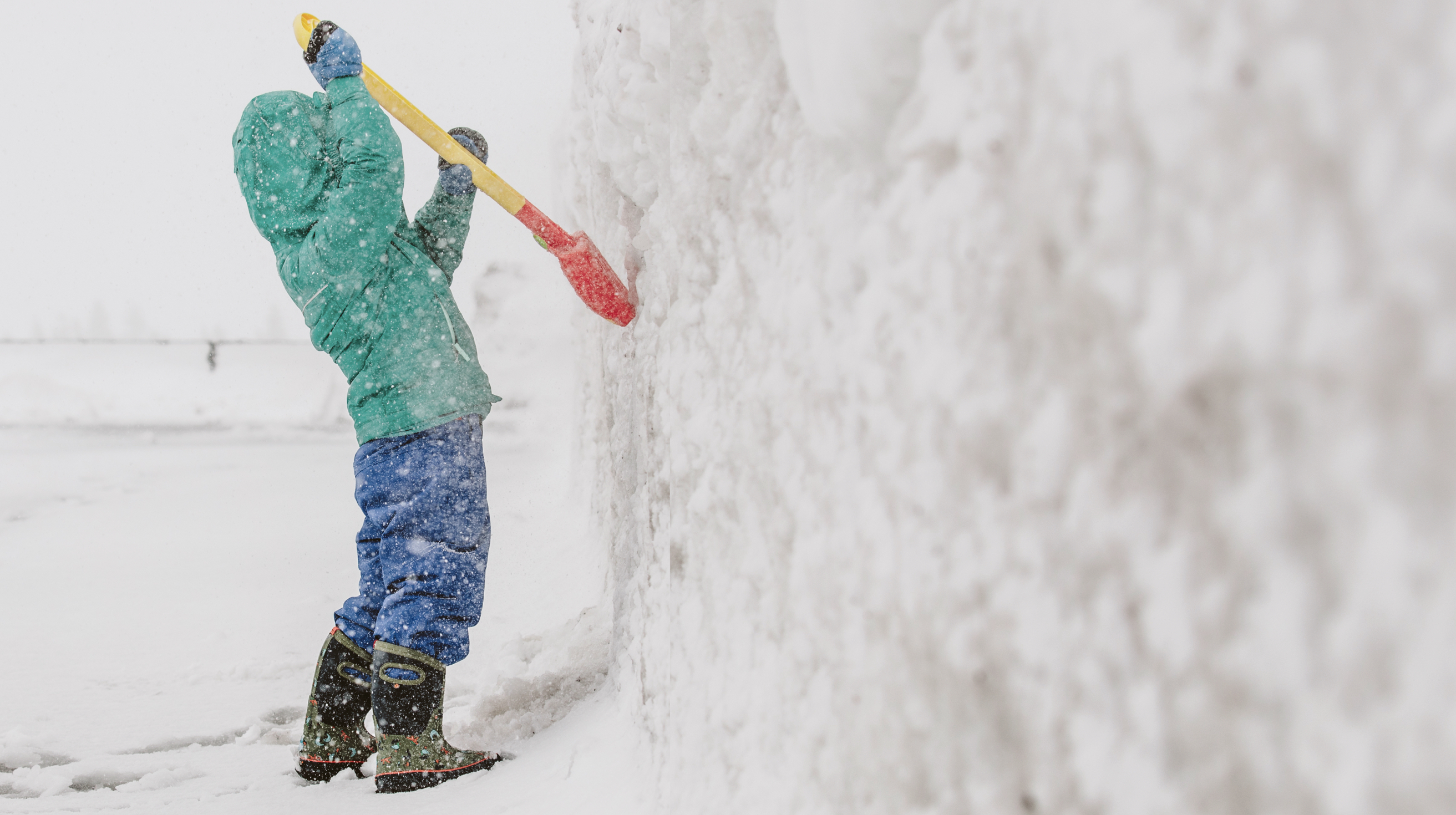 The image is a kid with a shovel, digging up the side of a snow mound.  BOGS last pairs left sale. Kids' Boots $29.90, Non-Insulated Boots $39.90 & Insulated Boots $49.90.  Shop now, before they are gone. 