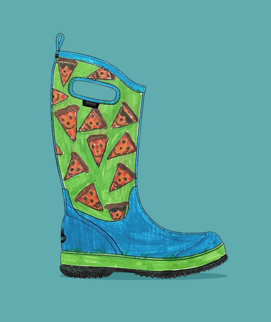 Here is one of our previous Design a Boot winners. The image shown is a blue & green boot with hand draw pizzas. Click here to go to Instagram and see other winners from the contest