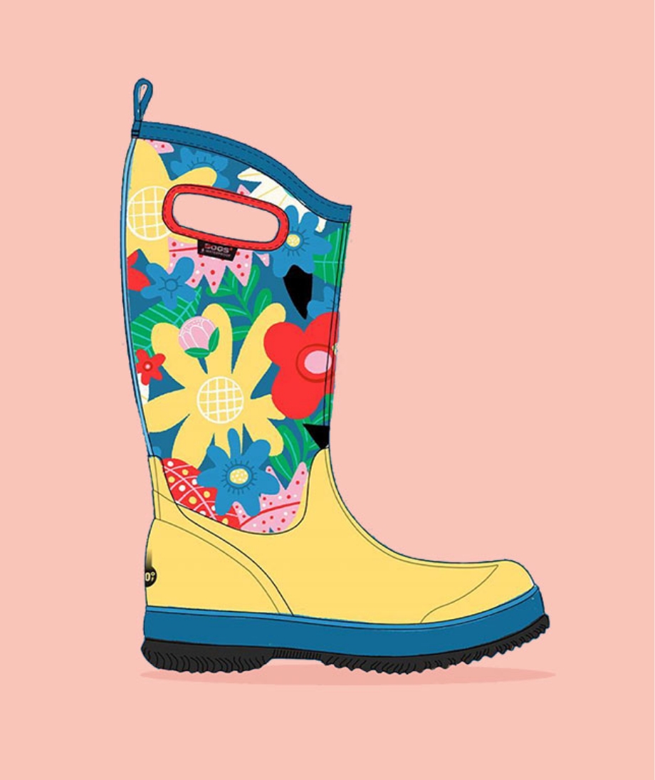 Here is one of our previous Design a Boot winners. The image shown is a yellow & blue boot with a variety of colorful flowers.  Click here to go to Instagram and see other winners from the contest