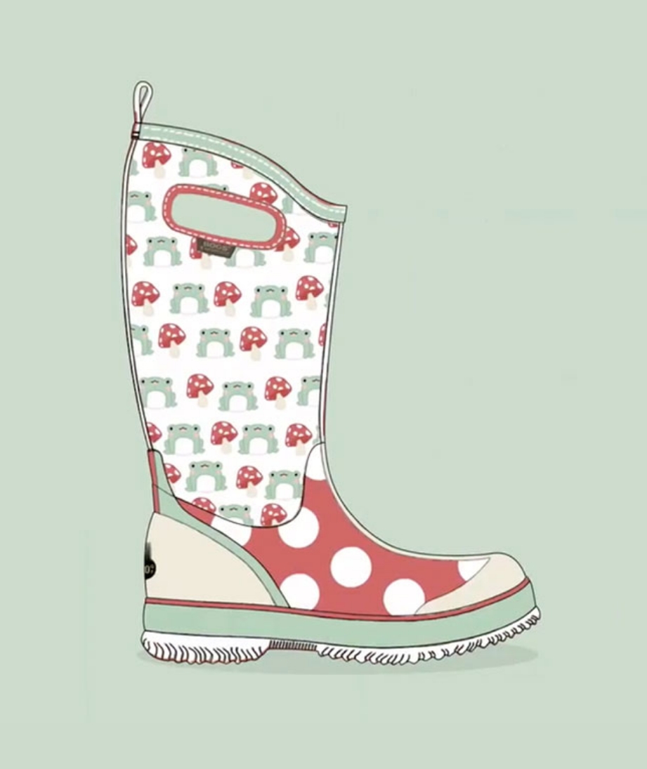 Here is one of our previous Design a Boot winners. The image shown is a white, green & red boot with a cartoon frogs and toadstool mushrooms. Click here to go to Instagram and see other winners from the contest.